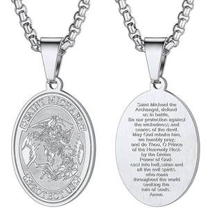 Stainless Steel Saint Michael Archangel Guardian Angel Pendant Necklace For Men Women Religious Prayer Gift Oval Medal Jewelry