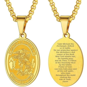 Saint Michael archangel necklace in gold stainless steel with double-sided prayer engraving