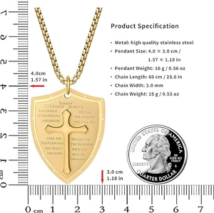 Detailed view of stainless steel shield cross pendant with Bible verse and size reference
