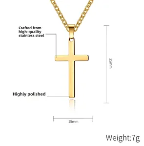 Poliertes Gold-Edelstahl-Kreuzanhänger-Halskette mit Maßen von 25x15mm gezeigt