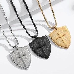 Mens multi-layer stainless steel shield cross pendant necklace in silver gold and black