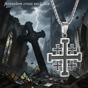 Collana con croce di Gerusalemme in acciaio inossidabile argento e nero stile gotico uomo