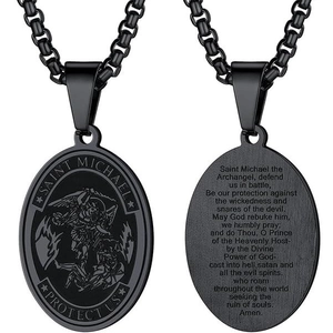 Saint Michael Protect Us black stainless steel archangel pendant with prayer engraving