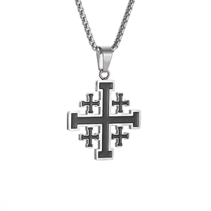 Collana con ciondolo a croce di Gerusalemme in acciaio inossidabile argento da uomo con smalto