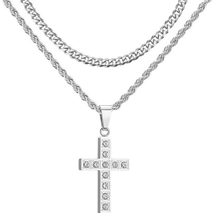 Collier Pendentif Croix Double Couche en Acier Inoxydable Avec Strass Hip Hop Bijoux de Mode Pour Homme Femme