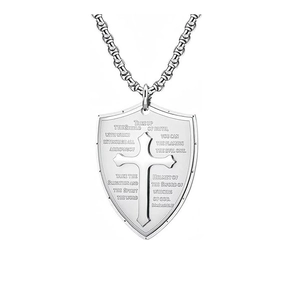 Men's multilayer stainless steel shield necklace with cross and Bible verse engraving