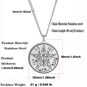 Technical drawing of stainless steel pentagram seal pendant with size and weight metrics