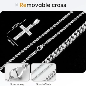 Collier double rang avec pendentif croix en argent serti de zircons et chaînes robustes