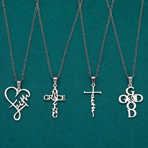 Set of four stainless steel necklaces with religious faith and grace letter cross pendants