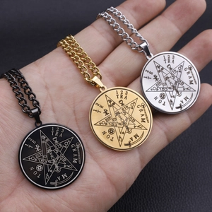 Stainless Steel Solomon Seal Pentagram Pendant Necklace Tetragrammaton Kabbalah Amulet Round Religious Jewelry For Men Women