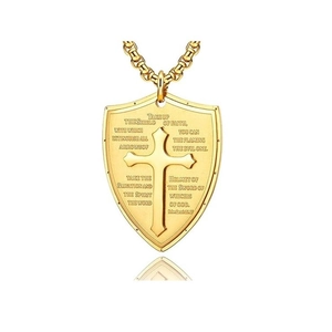 Men's shield cross necklace with Bible verse engraving in gold stainless steel