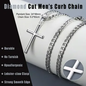 Men's silver stainless steel cross pendant necklace with 60cm curb chain and lobster clasp