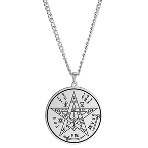 Vintage silver pentagram amulet necklace with occult Tetragrammaton sigil engraving