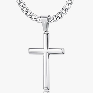 Hip Hop Stainless Steel Beveled Cross Pendant Necklace For Men Vintage Polished Curb Chain Personalized Religious Jewelry