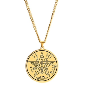 Golden Seal of Solomon pentagram pendant necklace with Hebrew symbols and curb chain