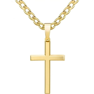 Close-up of a polished golden stainless steel cross pendant with a classic Figaro chain