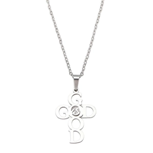 Polished silver stainless steel cross necklace featuring creative GOOD and GOD letter pendant