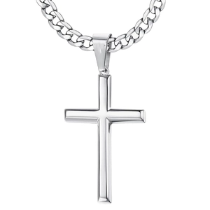 Polished silver stainless steel cross pendant with thick Cuban link chain for men
