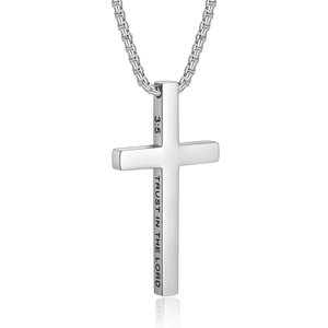 Silberne Kreuzkette aus Edelstahl mit religiöser Trust In The Lord Gravur für Herren
