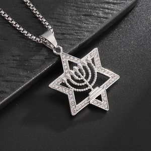Star of David necklace with Menorah pendant and sparkling rhinestones on box chain