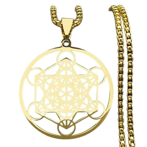 Gouden roestvrijstalen ketting met Metatrons Kubus hanger en heilige geometrische vormen