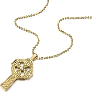 Polished gold Celtic cross pendant with intricate woven texture on a bead chain