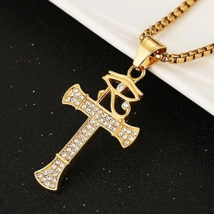 Collier Pendentif Croix en Acier Inoxydable Avec Œil d'Horus Strass Hip Hop Plaqué Or Bijoux Pour Hommes Femmes
