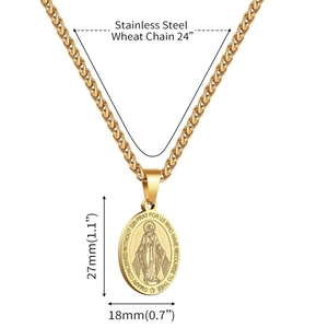 Golden stainless steel oval Virgin Mary pendant with wheat chain for men and women