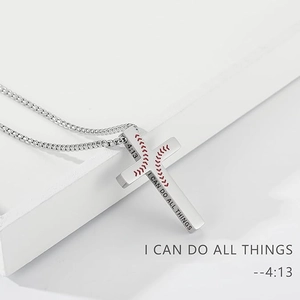 Cross necklace with baseball stitching and inspirational engraving in silver steel
