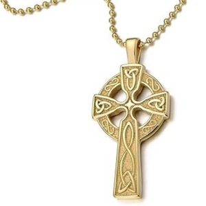 Golden Celtic Cross pendant with knotwork engraving and bead chain for women