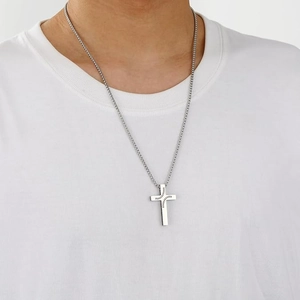 Men's silver stainless steel baseball cross pendant necklace with stitch texture