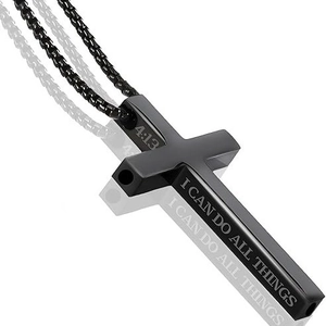 Collar de cruz para hombre de acero inoxidable negro con grabado bíblico I CAN DO ALL THINGS
