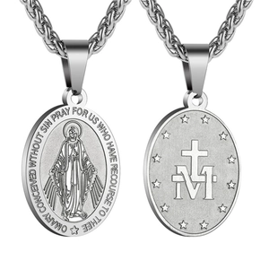 Double-sided religious cross medallion necklace in stainless steel with Mary portrait