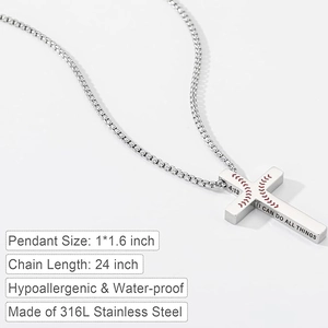 Polished stainless steel baseball cross necklace with red stitching and inspirational quote