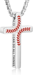 Detail of cross pendant with red baseball stitching and I Can Do All Things engraving