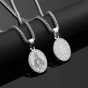 Polished stainless steel Virgin Mary miracle medal necklace with thick wheat chain link