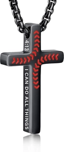 Close-up of black stainless steel cross necklace with baseball stitches and Bible engraving