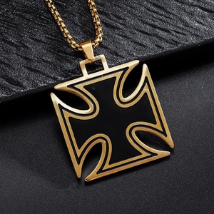 Vintage gold and black cross pendant necklace with polished box chain for men