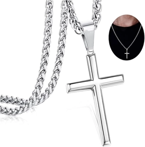 Poliertes Edelstahl Kreuz Halskette mit Weizenkette für Herren im Hip-Hop-Stil auf Weiß