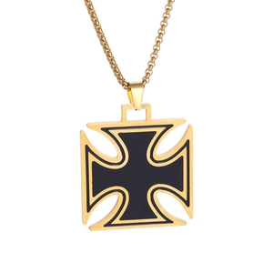 Vintage gold and black stainless steel iron cross pendant necklace with box chain