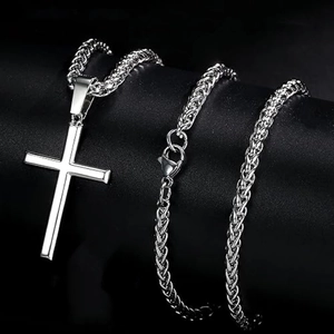 Poliertes Kreuz-Anhängerkette aus Edelstahl mit dicker Weizenkette für Herren