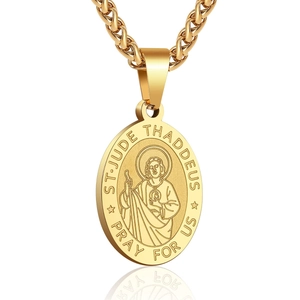 Religious St. Jude Thaddeus gold oval pendant necklace with a thick wheat chain for men