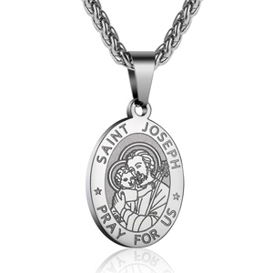 Saint Joseph religious oval pendant necklace in polished steel with woven chain