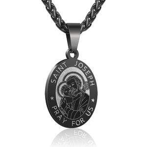 Black stainless steel Saint Joseph religious pendant necklace for men with box chain