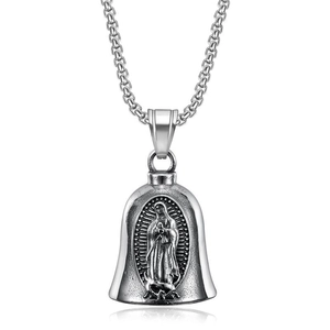 Vintage Stainless Steel Virgin Mary Bell Pendant Necklace For Men Women Retro Religious Exorcism Bell Jewelry Gift