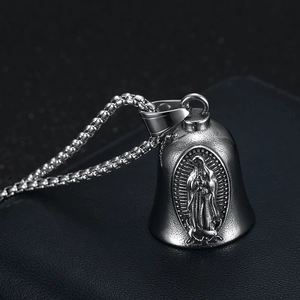 Vintage Virgin Mary bell pendant necklace in silver stainless steel with box chain