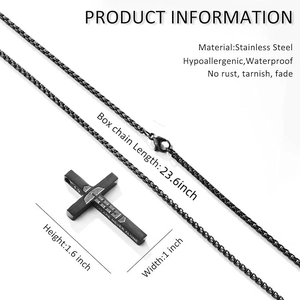 Collier croix en acier inoxydable noir avec gravure motivante et chaîne maille vénitienne