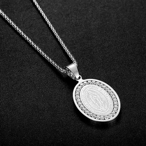 Hip hop silver oval pendant with Virgin Mary engraving and sparkling diamond halo
