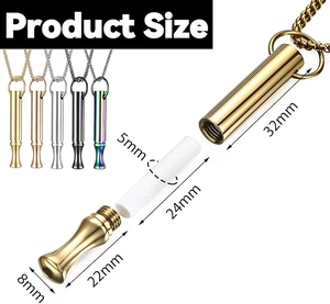 Detailed exploded view of a cylindrical meditation whistle necklace with dimensions and core