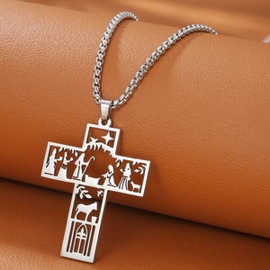 Vintage hollow stainless steel cross pendant necklace with nativity scene for men